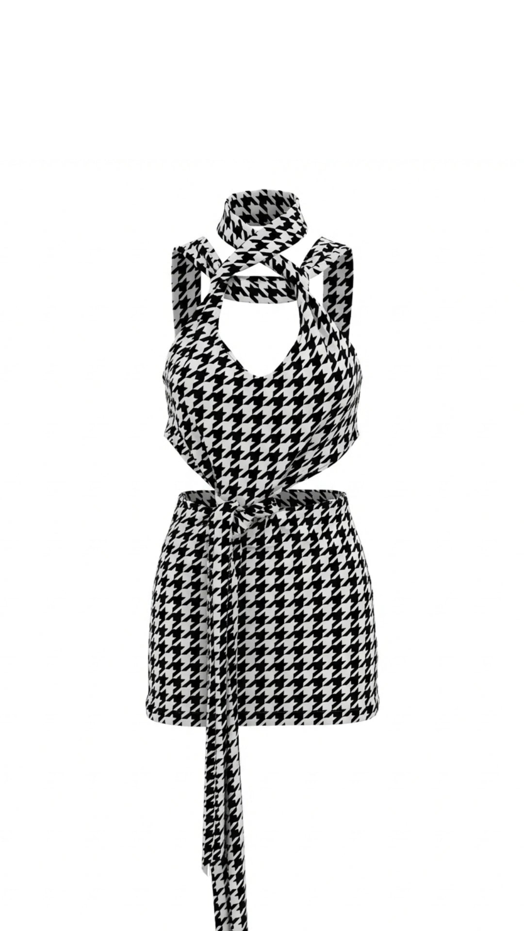 HOUNDSTOOTH CUTOUT TIES DRESS