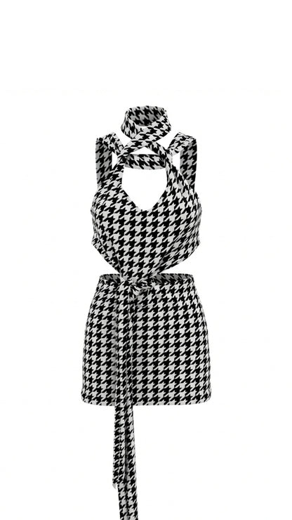 HOUNDSTOOTH CUTOUT TIES DRESS
