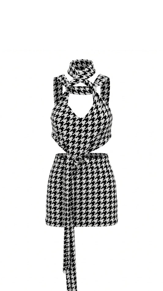 HOUNDSTOOTH CUTOUT TIES DRESS