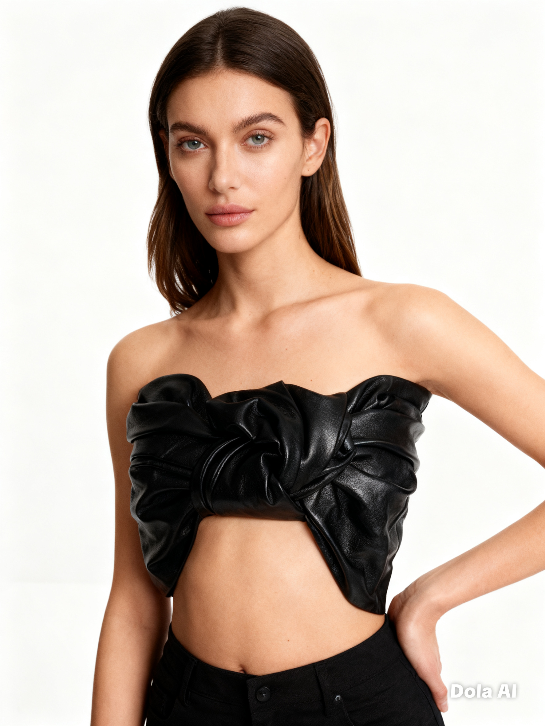 Woman wearing a black strapless top with ruched details on a white background