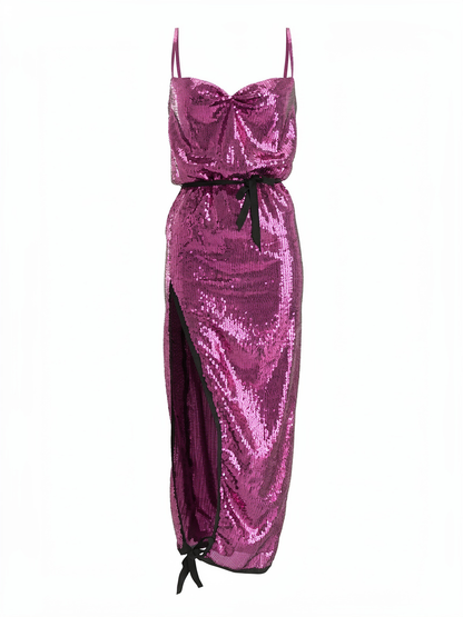 PURPLE SEQUIN STRAP DRESS WITH TALL LEG SPLIT