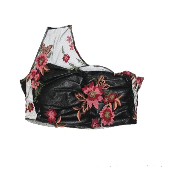 Floral Motif embroidered asymmetrical top with leather bust underlay